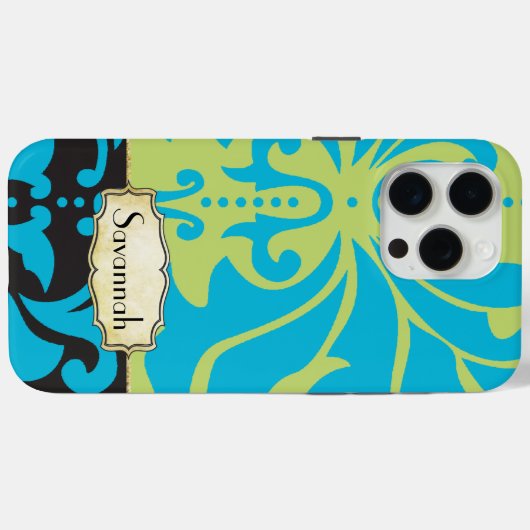 Personalisierte Limone Aqua Gold Damask Case-Mate iPhone Hülle (Rückseite (Horizontal))