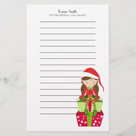 Personalisierte Linde Weihnachtself und Geschenke Briefpapier (Vorderseite)