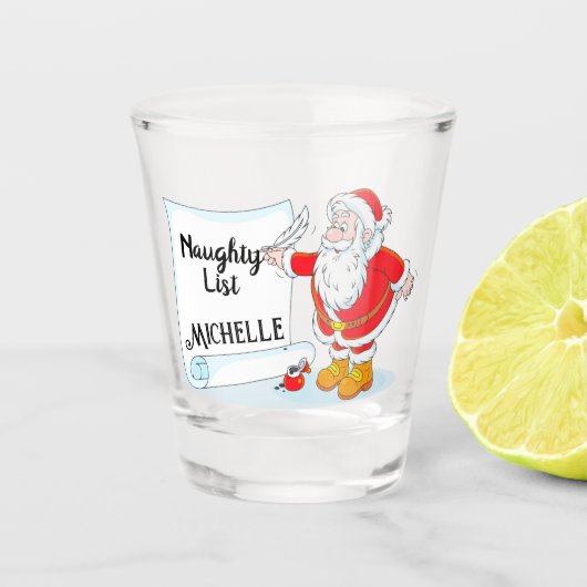 Personalisierte Liste des Weihnachtsmanns Schnapsglas (Vorderseite)