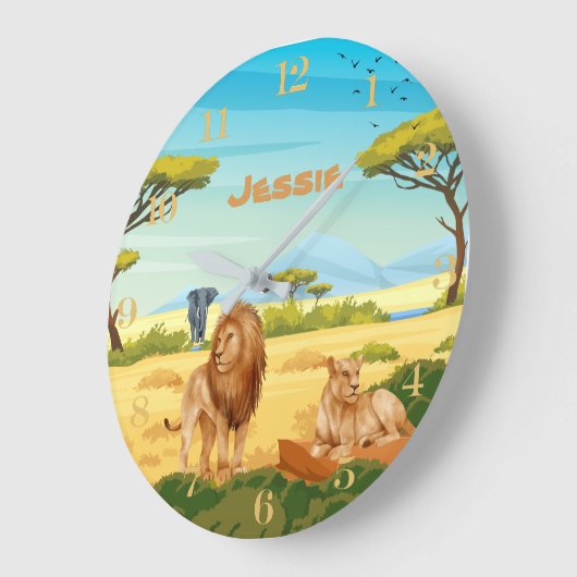 Personalisierte Löwen auf der Savannah Große Wanduhr (Winkel)