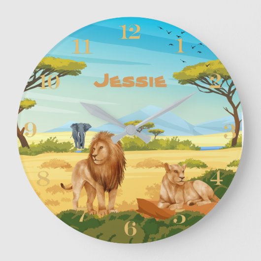 Personalisierte Löwen auf der Savannah Große Wanduhr (Vorderseite)