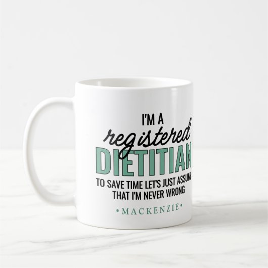 Personalisierte lustige RD-Diätassistenten-Geschen Kaffeetasse (Links)