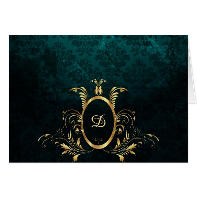 Personalisierte Luxus-Damask Goldrahmen-Karte (Vorderseite (Horizontal))