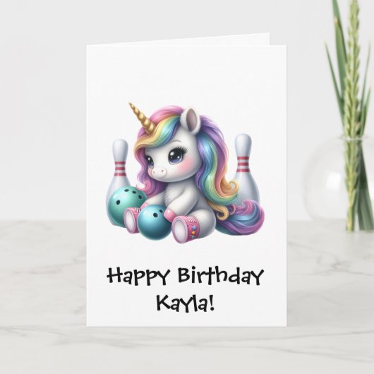 Personalisierte Mädchen Einhorn Bowling Geburtstag Karte (Vorderseite)