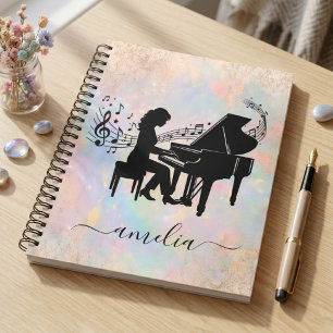 Personalisierte Mädchen-Pianistin-Silhouette Noten Notizblock