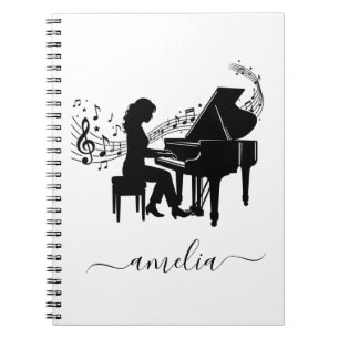 Personalisierte Mädchen-Pianistin-Silhouette Noten Notizblock