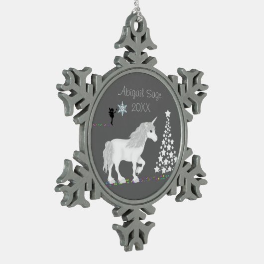 Personalisierte magische Weiße Einhorn und Fairy Schneeflocken Zinn-Ornament (Links)