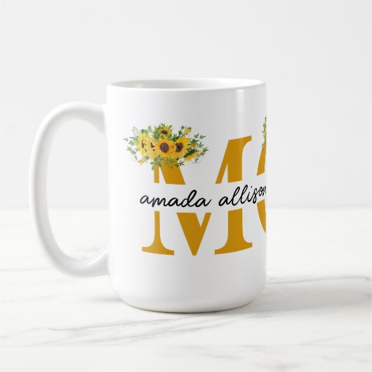 Personalisierte MAMA Sonnenblume mit Kindernamen Kaffeetasse (Links)