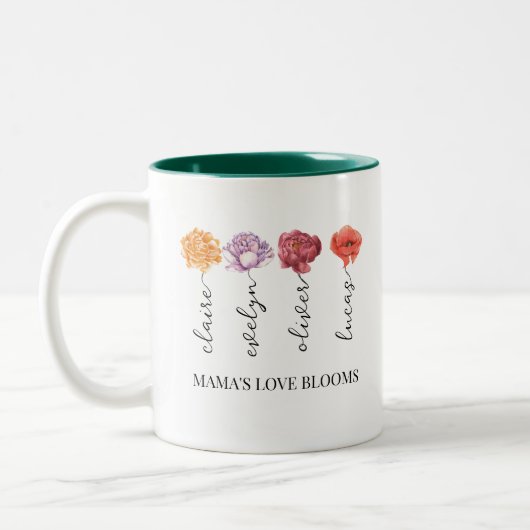 Personalisierte Mamas Liebe blüht Geburtsmonat-Blu Zweifarbige Tasse (Links)