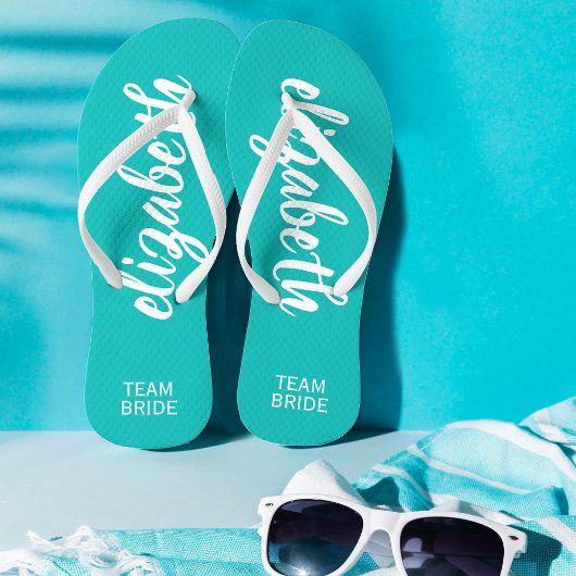 Personalisierte Mannschaftsbrille Türkis und Weiß Badesandalen