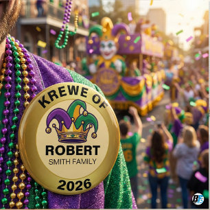 Personalisierte Mardi Gras Krewe Familien-Narrenhu Button