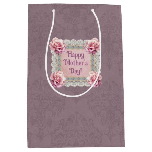 Personalisierte Mauve-Rose Lace Damask Geschenktas Mittlere Geschenktüte (Vorderseite)