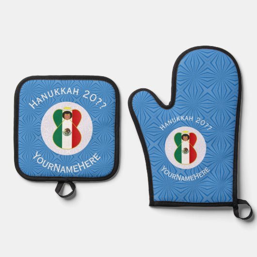 Personalisierte mexikanische Flagge Angel Hanukkah Ofenhandschuh & Topflappen-Set (Vorderseite)