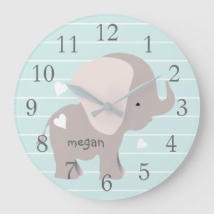Personalisierte Minze Graue Elephant Kinderzimmer Große Wanduhr