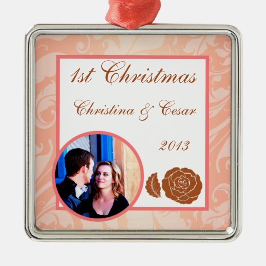 Personalisierte mit Zierbraun Rose auf Rosa Fl Silbernes Ornament (Vorne)