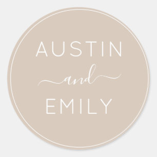 Personalisierte moderne Beige-Hochzeit Runder Aufkleber