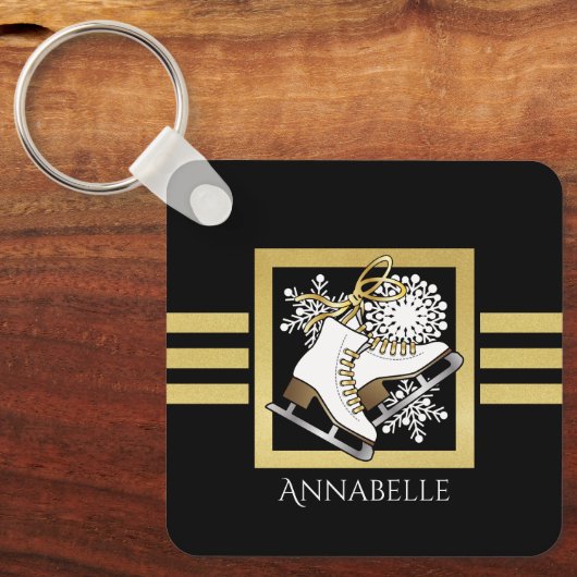 Personalisierte moderne Black Gold Glitzer Ice Ska Schlüsselanhänger (Vorderseite)