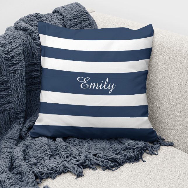 Personalisierte, moderne Navy Blue Stripes Kissen (Von Creator hochgeladen)