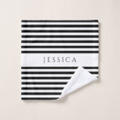 Personalisierte, moderne Schwarz-Weiß-Streifen Badhandtuch Set (Waschlappen)