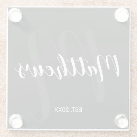 Personalisierte moderne Script-Monogramm und Famil Glasuntersetzer (Rückseite)