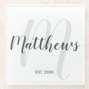 Personalisierte moderne Script-Monogramm und Famil Glasuntersetzer