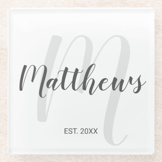 Personalisierte moderne Script-Monogramm und Famil Glasuntersetzer (Vorderseite)