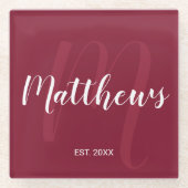 Personalisierte moderne Script-Monogramm und Famil Glasuntersetzer (Vorderseite)