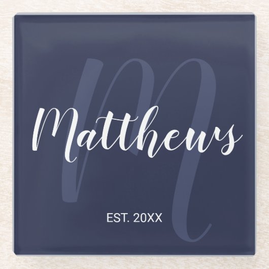 Personalisierte moderne Script-Monogramm und Famil Glasuntersetzer (Vorderseite)
