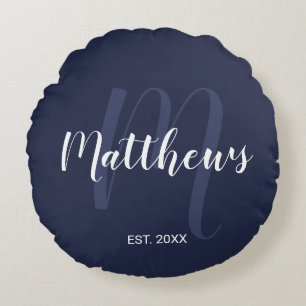Personalisierte moderne Script-Monogramm und Famil Rundes Kissen