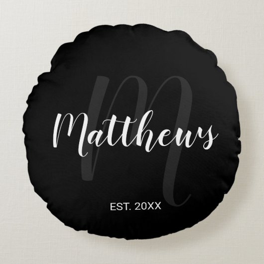 Personalisierte moderne Script-Monogramm und Famil Rundes Kissen (Vorderseite)