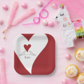 Personalisierte moderne Vögel in Liebe Rotes Herz Pappteller (Party)