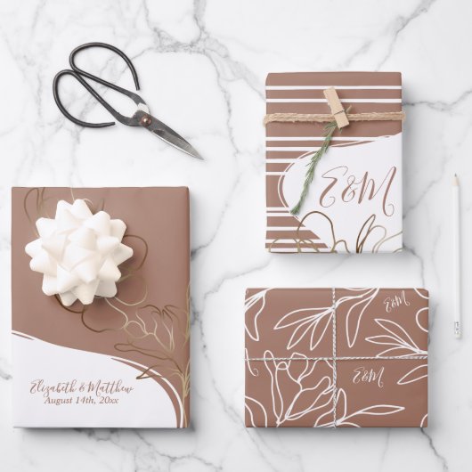 Personalisierte Mongram Mocha Brown Floral Wedding Geschenkpapier Set (Vorderseite)
