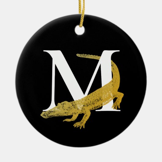 Personalisierte Monogram Alligator Art Black & Gol Keramik Ornament (Vorne)