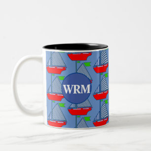 Personalisierte Monogram Blue Sailboat Kaffee Tass Zweifarbige Tasse