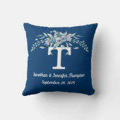 Personalisierte Monogram Blue Watercolor Blume Kissen (Rückseite)