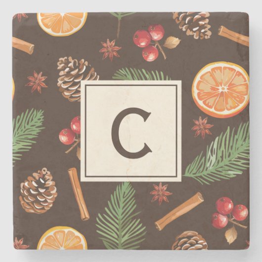 Personalisierte Monogram Citrus Botanische Weihnac Steinuntersetzer (Vorderseite)