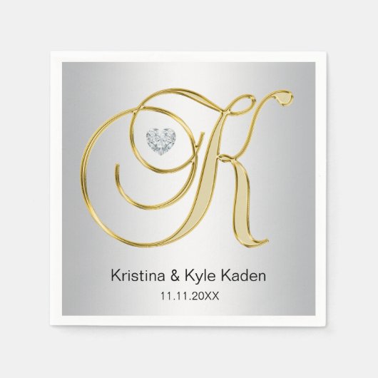 Personalisierte Monogram Gold Letter K Silver Wedd Serviette (Vorderseite)