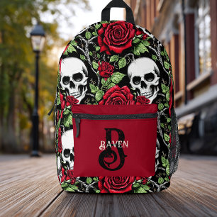 Personalisierte Monogram Gothic Rote Rose and Skul Bedruckter Rucksack