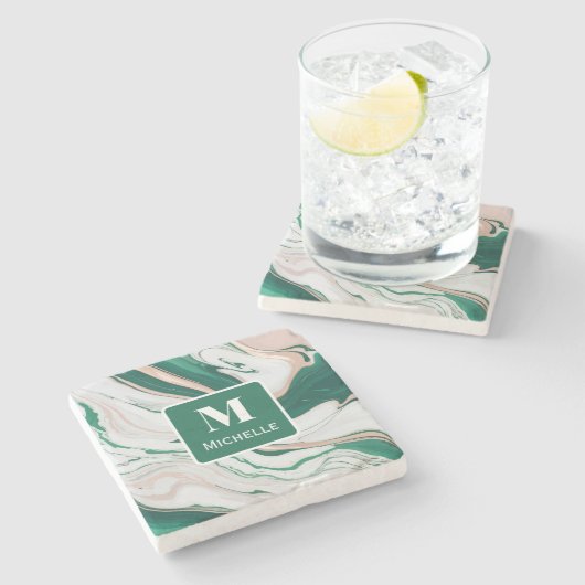 Personalisierte Monogram Green & Gold Marble Steinuntersetzer (Seitenansicht)