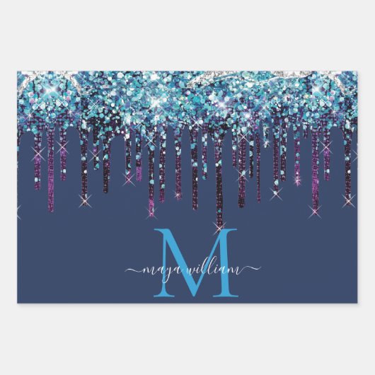 Personalisierte Monogram Novy Blue Glitzer Tropfen Geschenkpapier Set (Vorderseite 3)