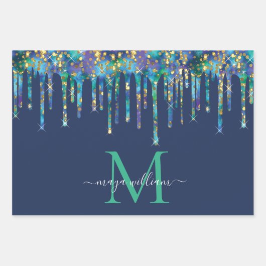 Personalisierte Monogram Novy Blue Glitzer Tropfen Geschenkpapier Set (Vorderseite 2)