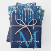Personalisierte Monogram Novy Blue Glitzer Tropfen Geschenkpapier Set (Beispiel)