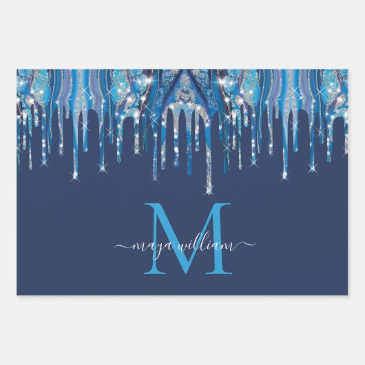 Personalisierte Monogram Novy Blue Glitzer Tropfen Geschenkpapier Set (Vorderseite)