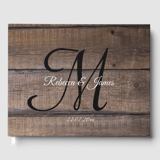 Personalisierte Monogram Rustic Wood Script Hochze Gästebuch (Vorderseite)
