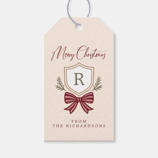 Personalisierte Monogram Striped Bow Frohe Weihnac Geschenkanhänger (Vorderseite)