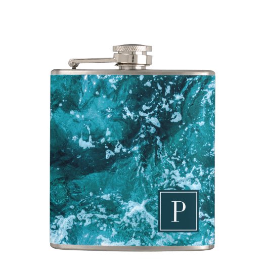 Personalisierte Monogram Türkis Sea Waves Flachmann (Vorderseite)