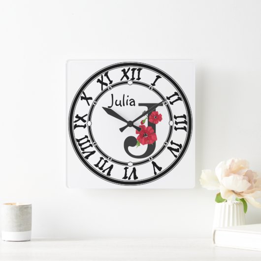 Personalisierte monogramm bearbeitbare J-Text-rote Quadratische Wanduhr (Zuhause)