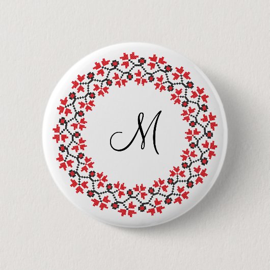 Personalisierte Monogramm-Blume Roter Ring Button (Vorderseite)