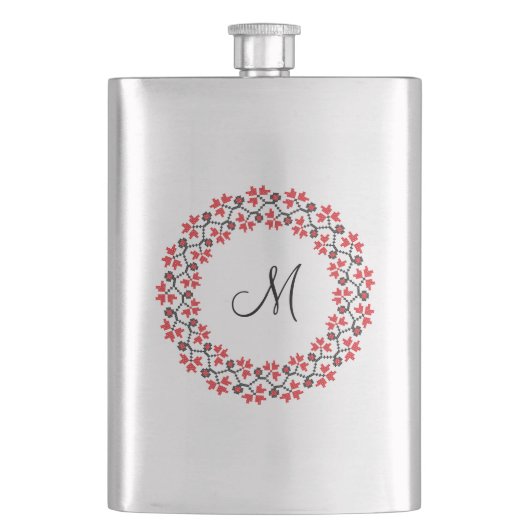 Personalisierte Monogramm-Blume Roter Ring Flachmann (Vorderseite)
