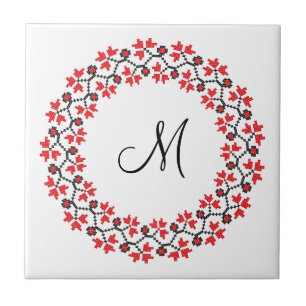 Personalisierte Monogramm-Blume Roter Ring Fliese